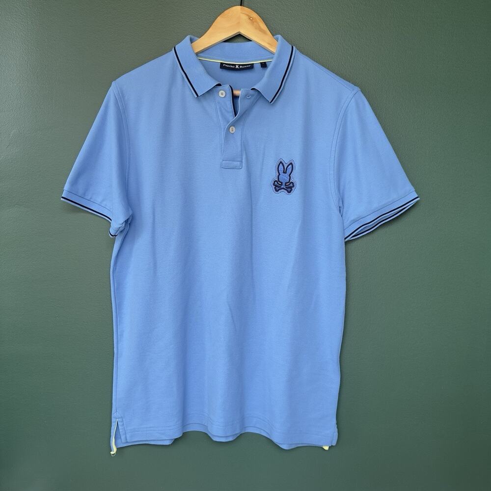 Psycho Bunny Light Blue Polo Shirt Embroidered Skull Logo Mens M Pima Cotton